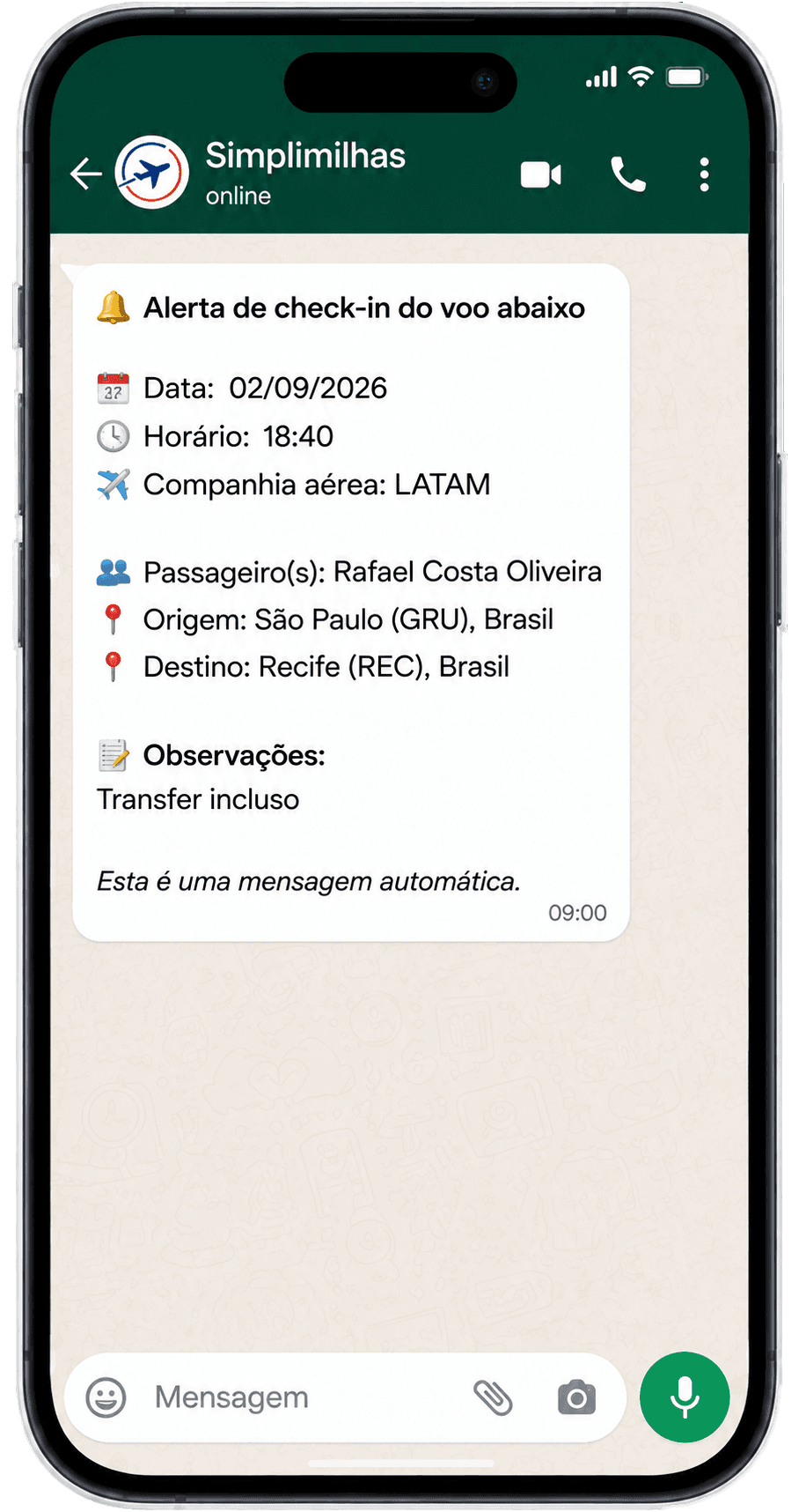 Alerta de check-in do Simplimilhas enviado por WhatsApp com os dados do voo do cliente