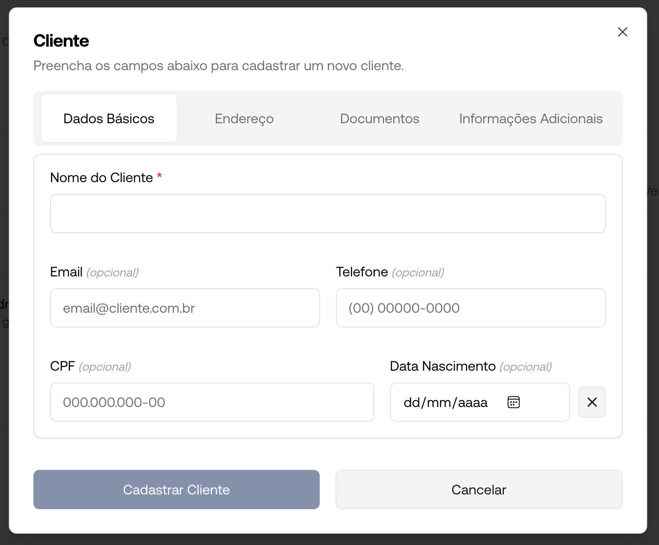 Cadastro de clientes